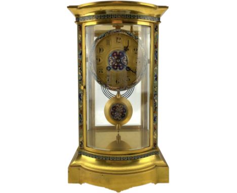 French - Edwardian 8-day four-glass mantle clock with a flat-topped bow-fronted case and cloisonne inlay, gilt metal dial wit