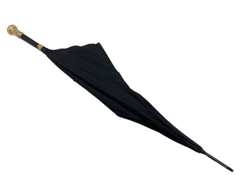 Late Victorian parasol umbrella with concealed watch, the hexagonal lacquered wooden handle with embossed and engraved 8ct go