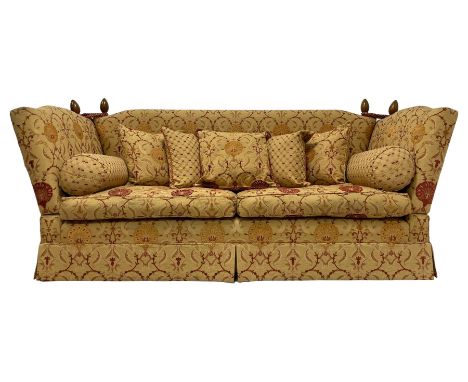 David Gundry - grande Knole drop-end sofa, upholstered in Jim Dickens 'Olympos Ottoman Spice' gold and red pattern fabric, wi