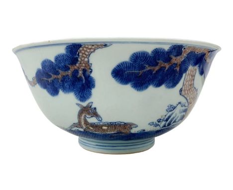 Chinese blue and white 'Deer' bowl, the rounded sides rising to a slightly everted rim, painted in underglaze blue and copper