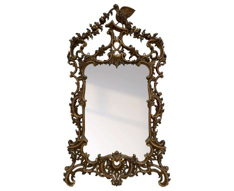 Late 19th to early 20th century Chinese Chippendale Revival giltwood wall mirror, the pagoda pediment adorned with hoho bird 