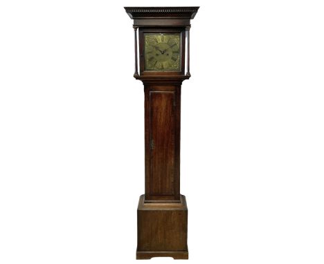 18th century 8-day oak cased longcase clock, with a flat top, broad cornice and dogtooth moulding beneath, square hood door f