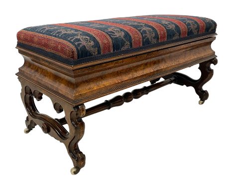 Victorian figured walnut piano duet stool, the hinged seat upholstered in indigo and red striped fabric with repeating camel 