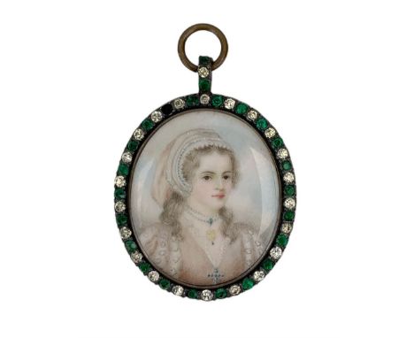 English School (18th/ early 19th century): Miniature portrait of a lady, in lace cap and pearl necklace, head & shoulder leng