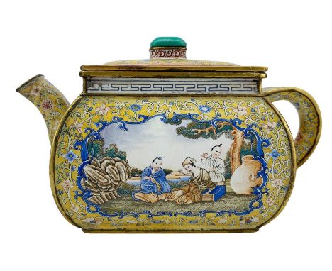 Chinese yellow enamel wine pot, of bombé form, the body finely painted with panels of scholars, the first depicts three schol