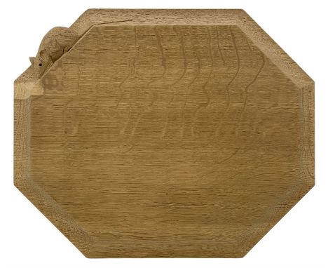 Mouseman - adzed oak breadboard, canted rectangular form with moulded edge carved with mouse signature, by the workshop of Ro