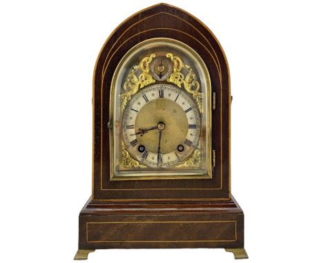 Winterhalder & Hoffmeier - 8-day German mantle clock c1908, mahogany lancet case with satinwood stringing and cast brass axe-