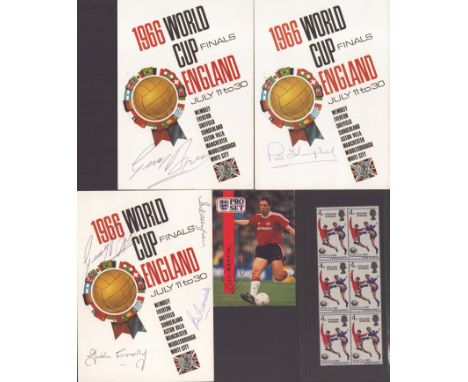 Football 3 signed postcards, signed trading card and unsigned stamp sheet including names of Gerry Bryne. Good condition. All