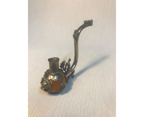 A Vintage Tibetan white metal hand works ornate smoking pipe, Designed with various dragons, Lion head and frogs. 