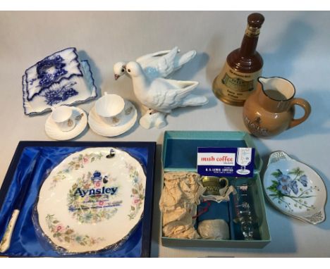 A Collection of porcelain wares, which includes Haig advertising pub jug, Italian pottery dove figure, Aynsley cake plate and