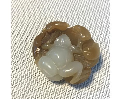 Antique Chinese hand carved Jade Frog with a family of 4 tadpoles, Measures 3.7cm in length 