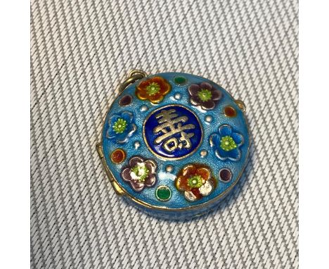 Antique Chinese silver &amp; enamel pill box pendant, Designed with flowers and Chinese symbol character. Measures 2.7cm in d