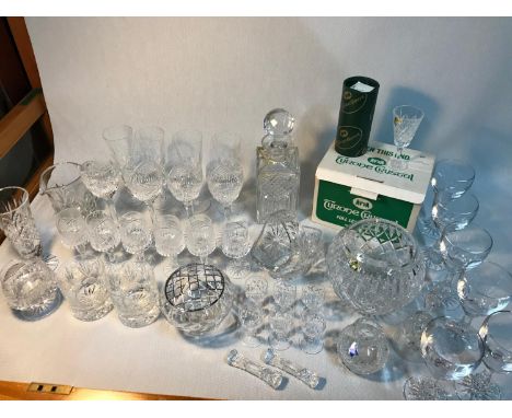 A Collection of various crystal glasses, goblets, decanter, water jug, vases and bowls, Includes makes such as Tyrone Crystal