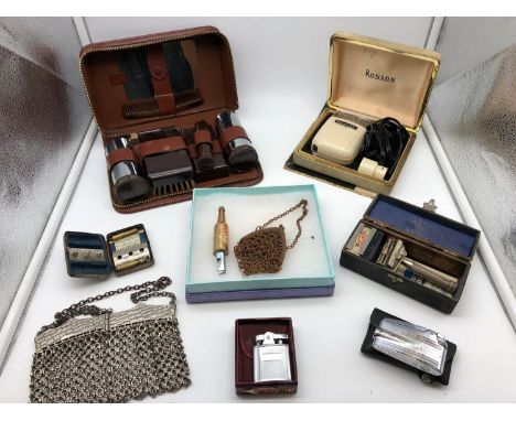 A mixed lot to include male grooming kit, Ronson electric shaver, wet shaver, Wilkinson Sword razor, 2 Ronson lighters, 2 cir