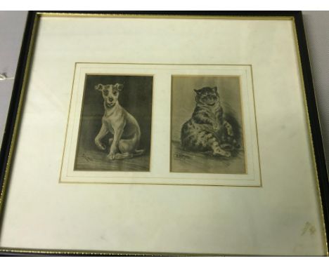 A lot of Louis Wain framed prints, titled 'What the dog did to the cat next door' &amp; 'What the cat did to the dog next doo