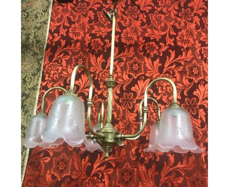 Antique late 19th century 5 branch brass chandelier fitted with Art Nouveau etched pink opalescent style shades. Original gas