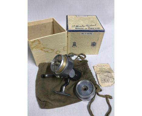 A Vintage Hardy No.2 Altex fishing reel with spare spool, bag, instructions and original box. 