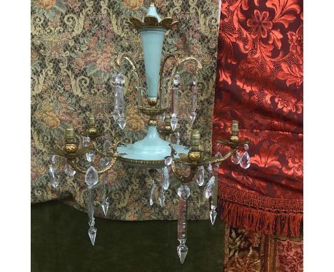 A Large antique chandelier designed with brass branch arms and crystal lustre's. Very stylish. 