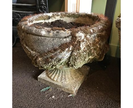 Vintage garden pedestal planter, detailing draped ribbons round. Measures 34cm in height 