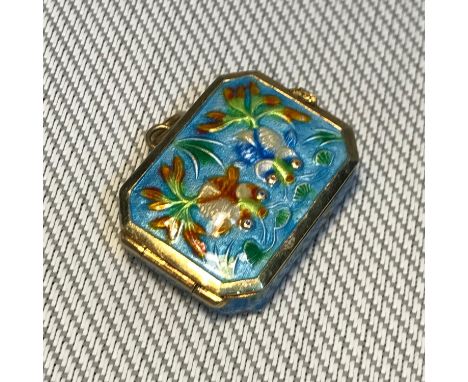 Antique Chinese silver and enamel pill box, designed with two fish to each panel. 