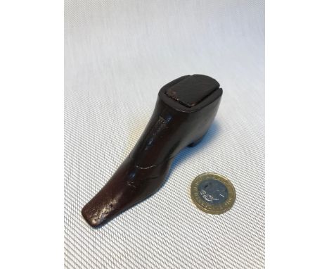 Antique hand made wooden snuff box in the shape of a ladies shoe, set with small metal pins to the lace area and the undersid