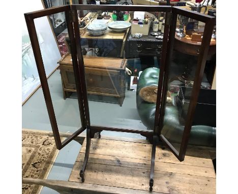 A Victorian unusual wood and glass fire screen, fitted with two clear glass door sections. Single large glass section, suppor