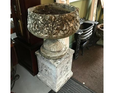 A Large garden square pedestal with single pedestal planter. Measures 85cm in height 