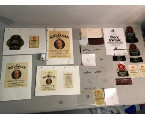 A Large Selection of Original Buchanan's Whiskey Bottle Labels to Also Include Black &amp; White Labels and Lowrie's Scotch W