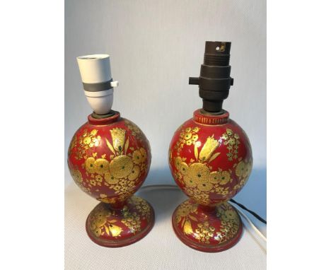 A Pair of antique hand painted  and lacquered table lamps, Hand made by M. Qasim &amp; Bro. Dalgate. 