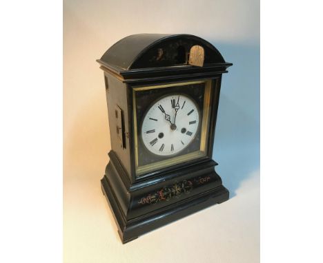 Antique large mantel cuckoo clock, designed in a black chinoiserie lacquer paint, hand painted with various designs. Possibly