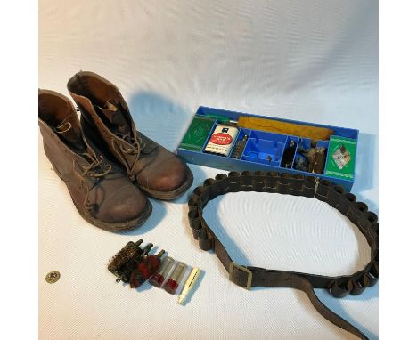 A Vintage Gun Cleaning kit, Leather ammo belt and Military leather boots. 