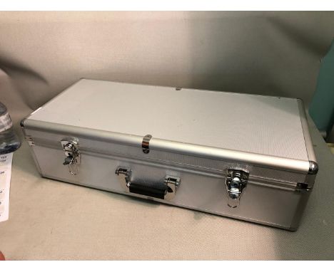 An aluminium camera carry case with internal padding, measures 68cm 
