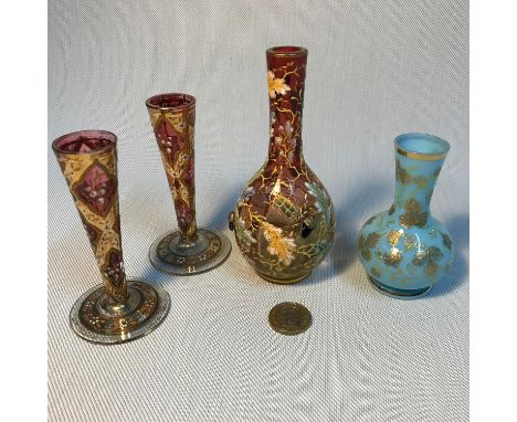 A Lot of 4 pieces of 'Moser' hand painted art glass vases, One designed in cranberry glass detailing enamel painted leaf and 
