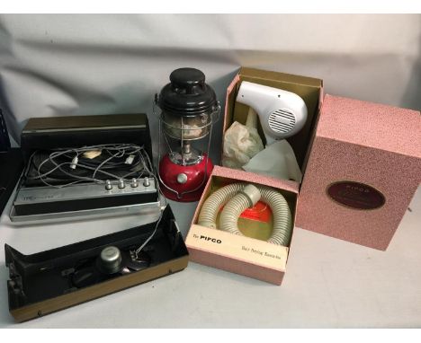 A Collection of Vintage Items to include a Portable ITT Stereo Record Player, A Storm Lamp and a PIFCO  Hair Dryer with Origi
