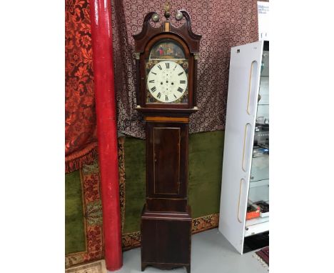 A 19th century Scottish long cased grandfather clock, Hand painted face, Maker Robert Arra, Dunfermline. Lovely inlaid case f