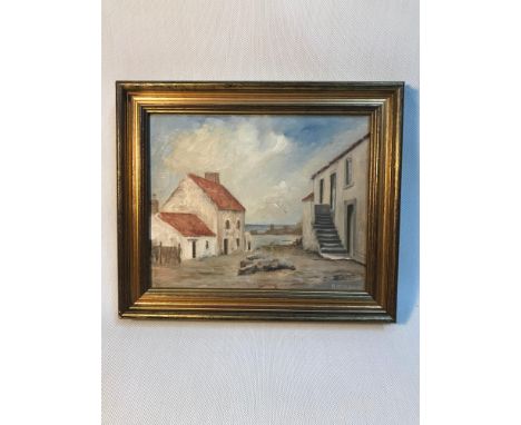 An original oil painting titled 'A Quiet Place' St Monance dated 1925/30. By artist R. Mc M Adam. Fitted within a gilt frame.