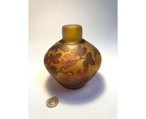 A Vintage French art glass Cameo raised leaf design bud vase. Signed Galle. Measures 12.5cm in height