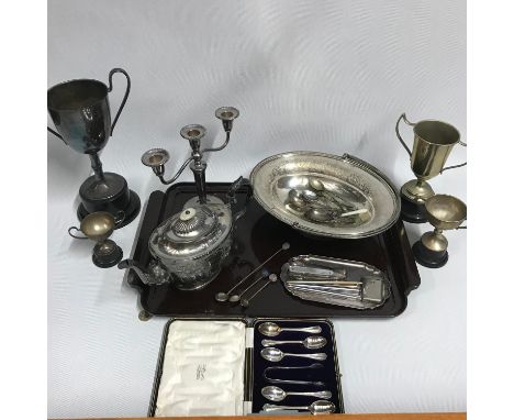 A Vintage Bakelite serving tray together with a quantity of Silver plated and E.P Wares which includes trophy cups, swing han
