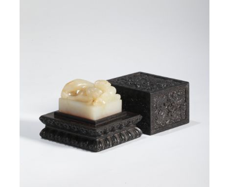 CHINESE WHITE JADE "CHI DRAGON" SEAL AND ZITAN CASE.  Box 2 3/8 in or 6 cm wide; seal 1 1/2 in or 3.8 cm wide.