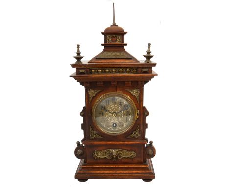 A late 19th century German architectural mantle timepiecebrass dial with Arabic numerals, the movement stamped Lenzkirch and 