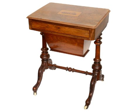 A mid Victorian figured walnut and Tunbridge ware work tablethe top with moulded edge inset with a View of Eridge Castle over