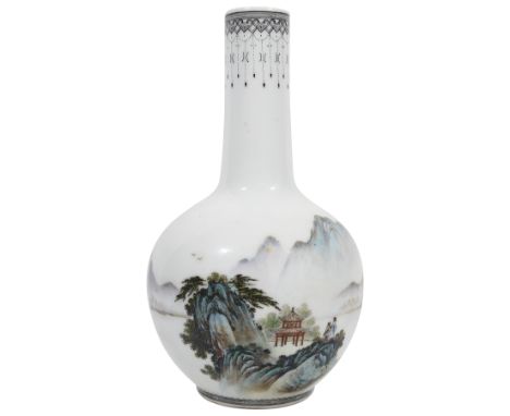 A Chinese Republican style famille verte 'landscape' bottle vasedecorated with a continuous mountainous river landscape with 