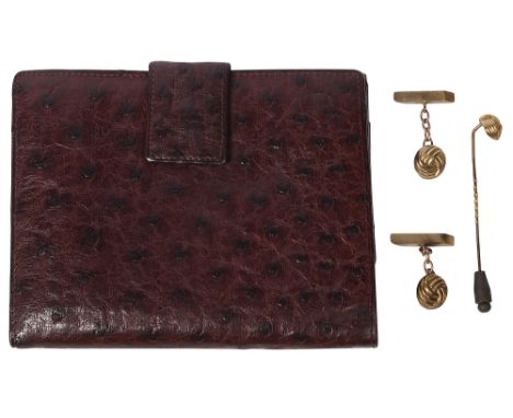 An Asprey ostrich leather wallet, plum coloured leather, together with a pair of 9ct cufflinks, marked London, 1964, by Fred 