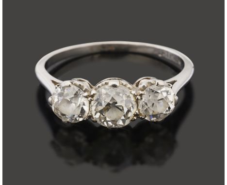 A diamond three stone ringset with slightly graduated old brilliant-cut diamonds, coronet-set with heart-shaped pierced galle