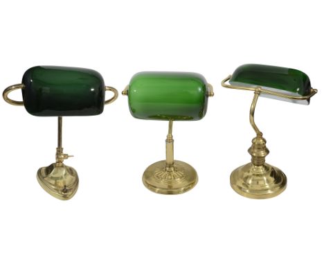 Three vintage bankers desk lamps, each with brass base and adjustable green glass shade, one marked Christopher Wray (3)Chris