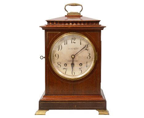 An Edwardian mahogany cased bracket clock6" silvered dial with black Arabic numerals, signed Bennett, London, 8 day two train