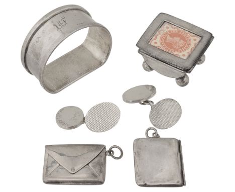 A small collection of mixed silvercomprising a square sterling silver stamp box with open window and sprung lid raised on fou