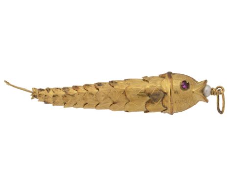 An articulated fish pendantthe open mouth with simulated pearl, the eyes with pink sapphires (untested), the bolt ring marked