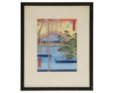 Six Japanese woodblock printscomprising after Hokusai 'The Great Wave off Kanagawa' and 'Sunset across the Ryogoku bridge fro