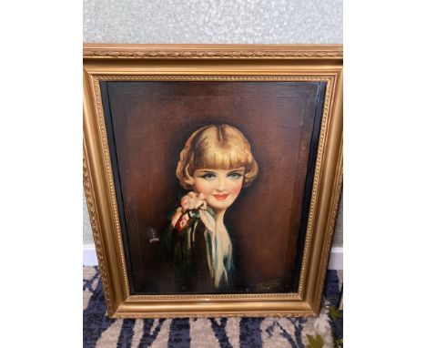 British School (early 20th century),'Art Deco Portrait of a lady', oil on canvas, signed 'F.E. Wilde' and dated 1930, framedo